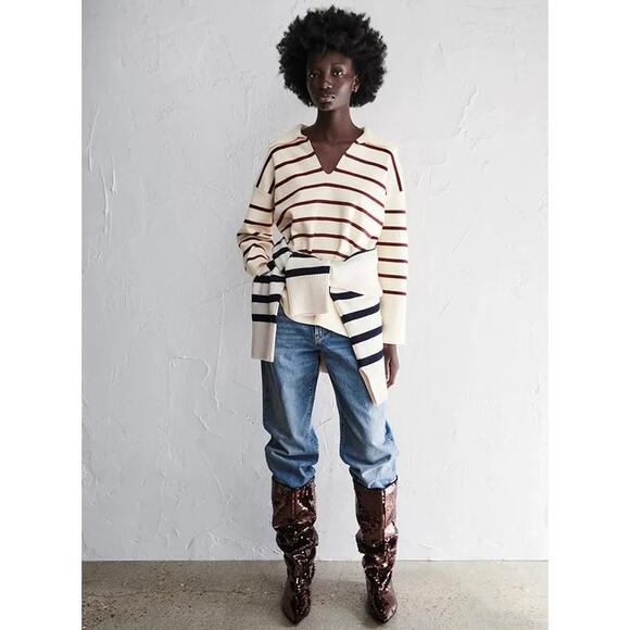 NWT Zara Oversized Striped Knit Polo Sweater Ecru Red Size Small Collared Top - Picture 2 of 16